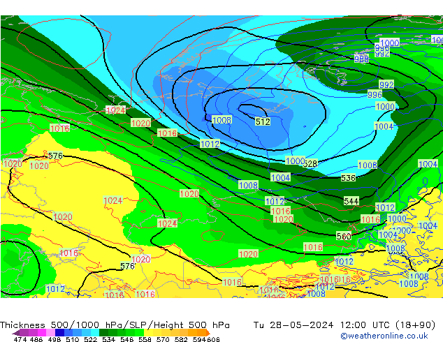 Thck 500-1000hPa ECMWF Tu 28.05.2024 12 UTC