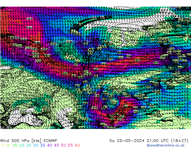 Viento 500 hPa ECMWF sáb 25.05.2024 21 UTC