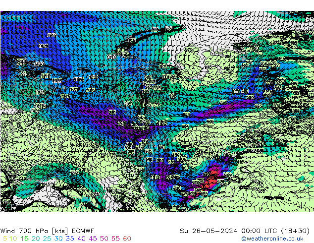 Wind 700 hPa ECMWF Ne 26.05.2024 00 UTC