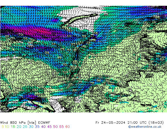 Rüzgar 850 hPa ECMWF Cu 24.05.2024 21 UTC