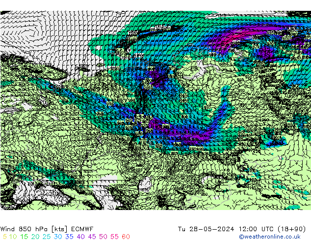 wiatr 850 hPa ECMWF wto. 28.05.2024 12 UTC