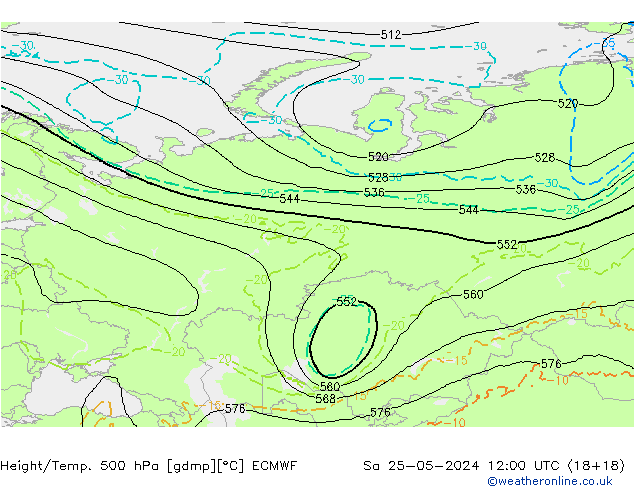 Z500/Rain (+SLP)/Z850 ECMWF sam 25.05.2024 12 UTC