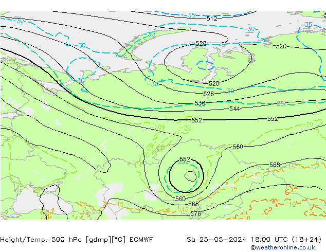 Height/Temp. 500 hPa ECMWF Sa 25.05.2024 18 UTC