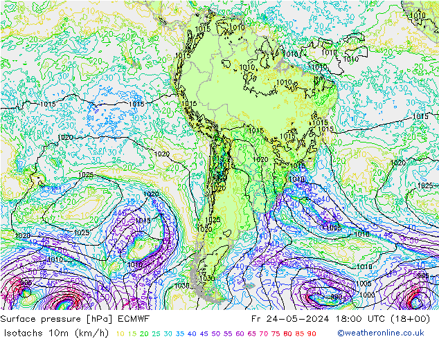 Isotachs (kph) ECMWF Sex 24.05.2024 18 UTC