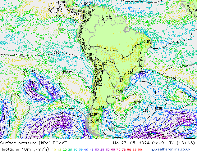 Isotachs (kph) ECMWF пн 27.05.2024 09 UTC