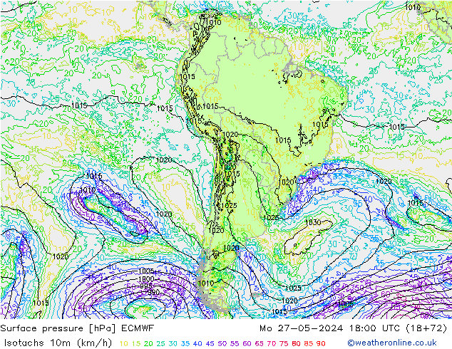 Eşrüzgar Hızları (km/sa) ECMWF Pzt 27.05.2024 18 UTC