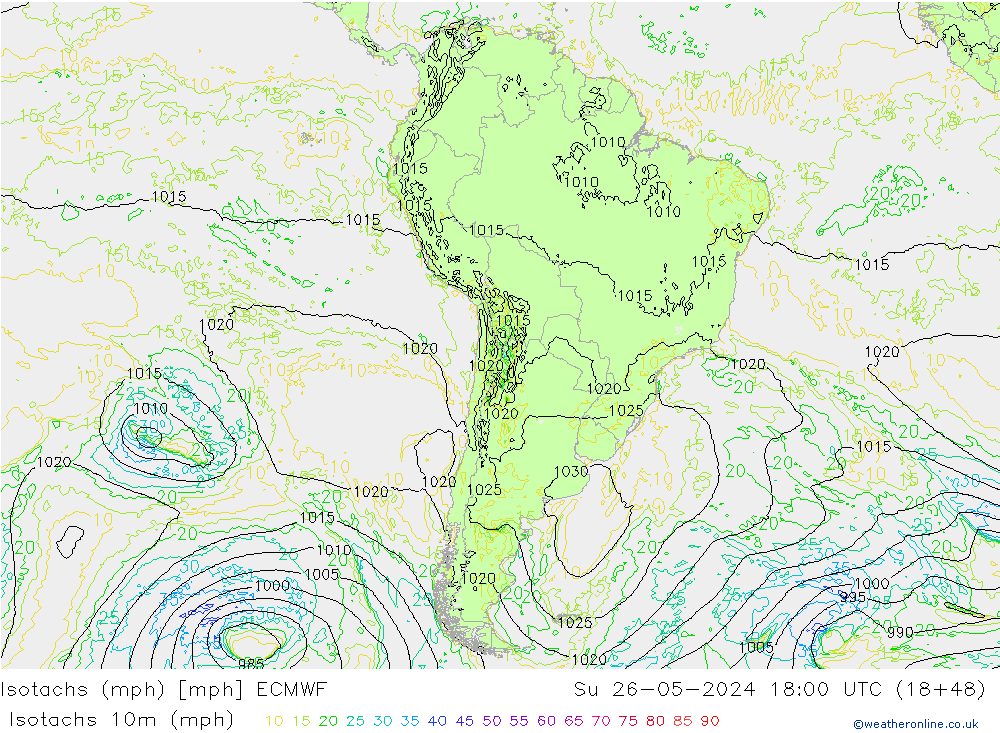 Isotachen (mph) ECMWF zo 26.05.2024 18 UTC