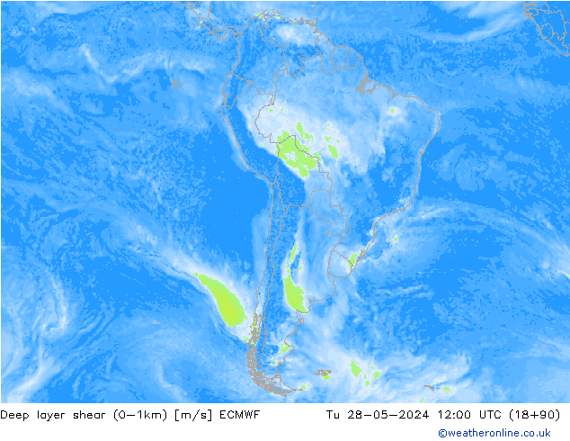 Deep layer shear (0-1km) ECMWF mar 28.05.2024 12 UTC