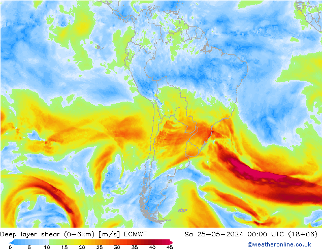 Deep layer shear (0-6km) ECMWF  25.05.2024 00 UTC