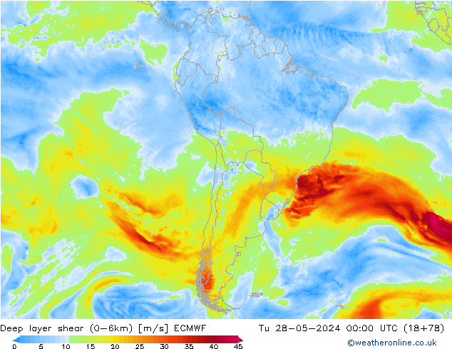 Deep layer shear (0-6km) ECMWF Tu 28.05.2024 00 UTC