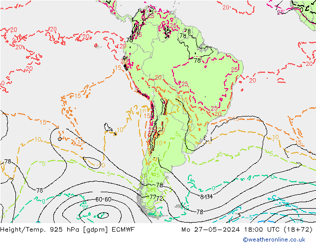 Height/Temp. 925 hPa ECMWF pon. 27.05.2024 18 UTC