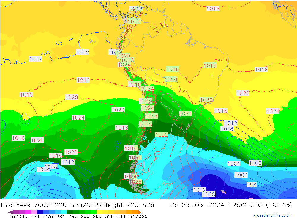 Dikte700-1000 hPa ECMWF za 25.05.2024 12 UTC