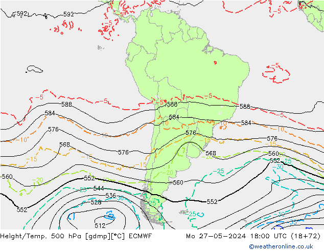 Height/Temp. 500 hPa ECMWF Seg 27.05.2024 18 UTC