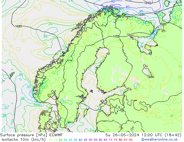 Isotachs (kph) ECMWF Ne 26.05.2024 12 UTC