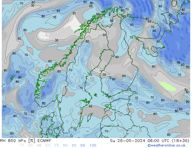 RH 850 hPa ECMWF Su 26.05.2024 06 UTC