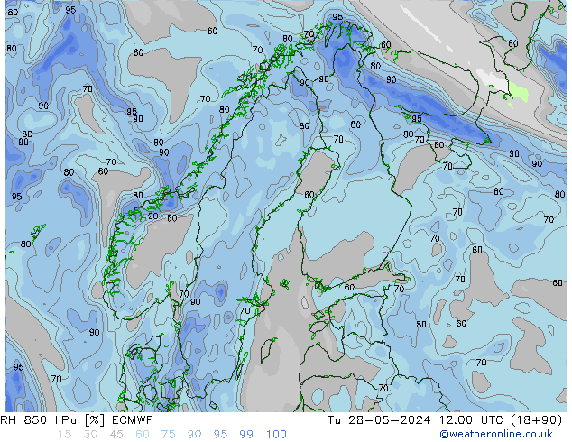 RH 850 гПа ECMWF вт 28.05.2024 12 UTC