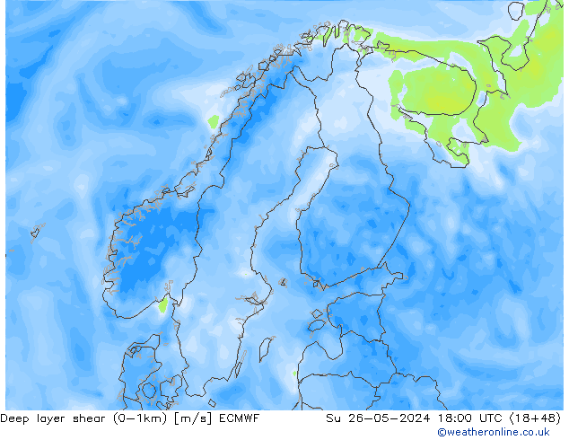 Deep layer shear (0-1km) ECMWF Ne 26.05.2024 18 UTC