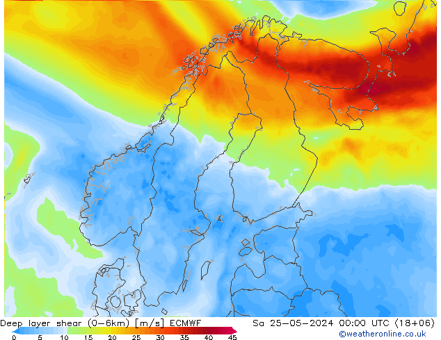 Deep layer shear (0-6km) ECMWF Sa 25.05.2024 00 UTC