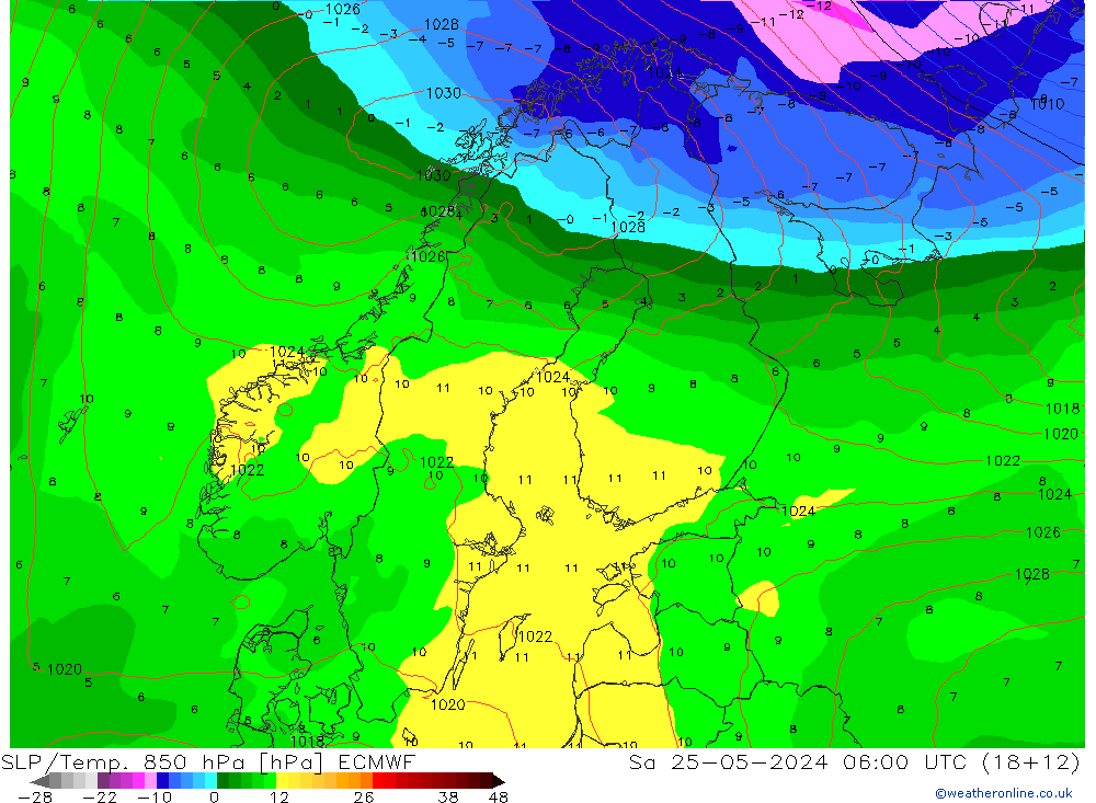 SLP/Temp. 850 hPa ECMWF Sa 25.05.2024 06 UTC