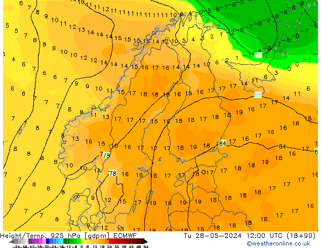 Height/Temp. 925 hPa ECMWF mar 28.05.2024 12 UTC