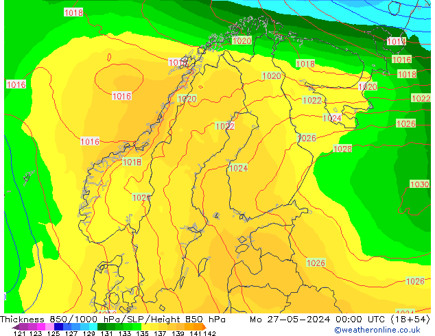 Thck 850-1000 hPa ECMWF lun 27.05.2024 00 UTC