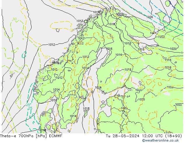 Theta-e 700hPa ECMWF Tu 28.05.2024 12 UTC