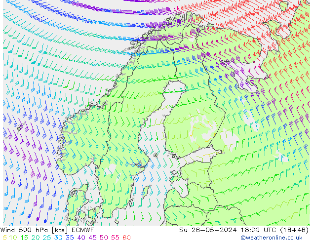 Wind 500 hPa ECMWF So 26.05.2024 18 UTC