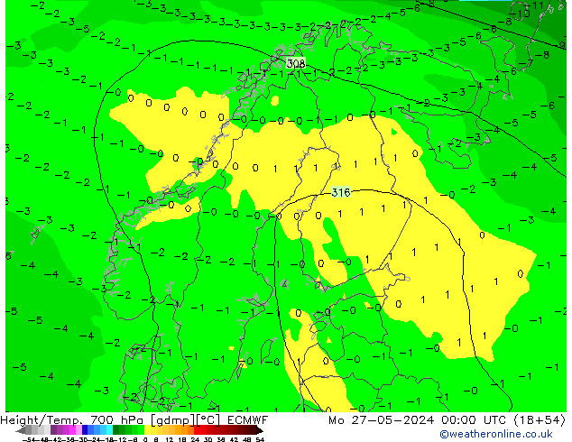 Geop./Temp. 700 hPa ECMWF lun 27.05.2024 00 UTC