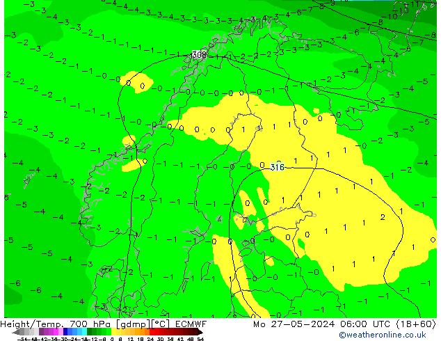 Height/Temp. 700 hPa ECMWF pon. 27.05.2024 06 UTC