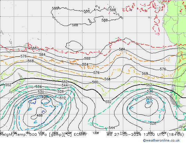 Z500/Rain (+SLP)/Z850 ECMWF Mo 27.05.2024 12 UTC