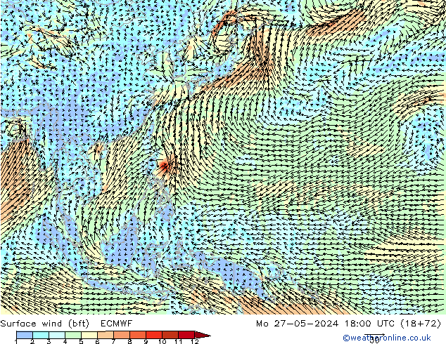 Surface wind (bft) ECMWF Po 27.05.2024 18 UTC