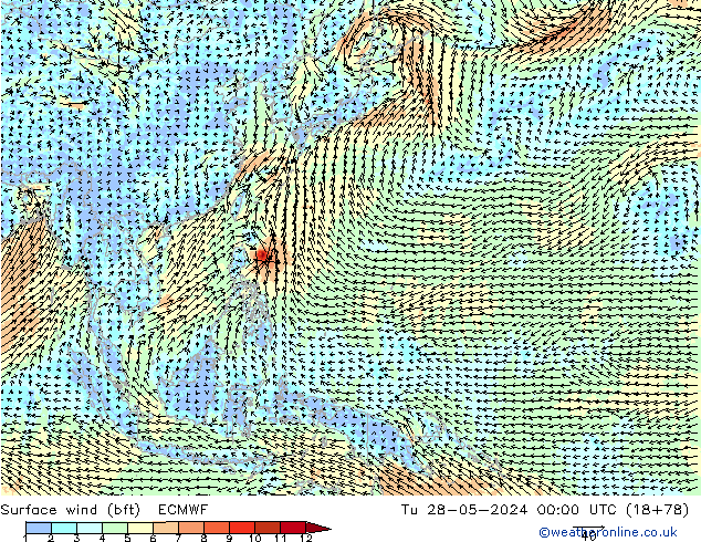 Vent 10 m (bft) ECMWF mar 28.05.2024 00 UTC