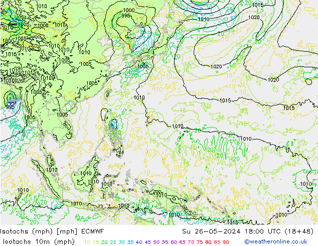 Isotachs (mph) ECMWF  26.05.2024 18 UTC