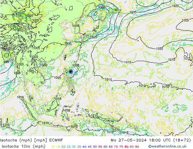 Isotachs (mph) ECMWF Mo 27.05.2024 18 UTC