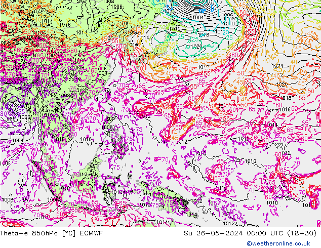 Theta-e 850hPa ECMWF dom 26.05.2024 00 UTC