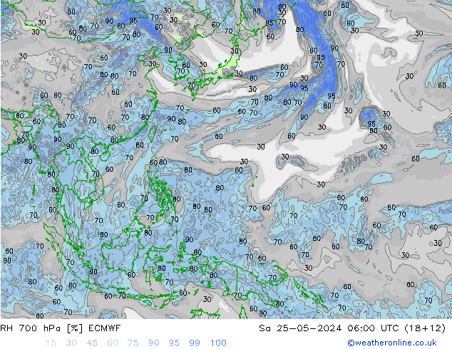 Humedad rel. 700hPa ECMWF sáb 25.05.2024 06 UTC