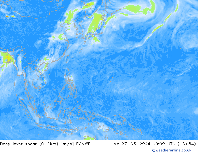 Deep layer shear (0-1km) ECMWF lun 27.05.2024 00 UTC