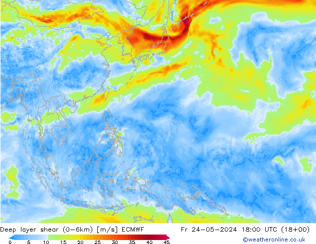 Deep layer shear (0-6km) ECMWF pt. 24.05.2024 18 UTC