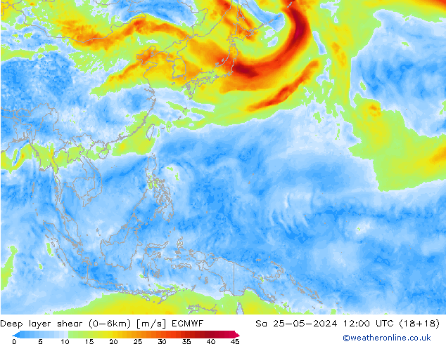 Deep layer shear (0-6km) ECMWF So 25.05.2024 12 UTC