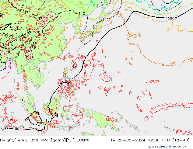 Géop./Temp. 850 hPa ECMWF mar 28.05.2024 12 UTC