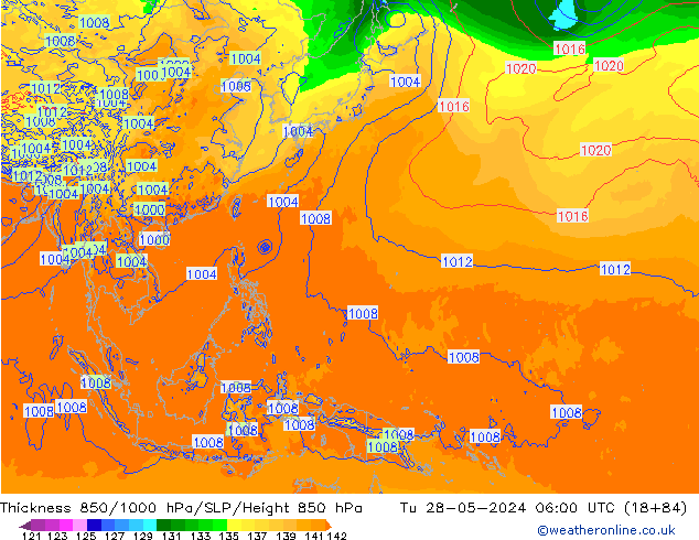 Dikte 850-1000 hPa ECMWF di 28.05.2024 06 UTC