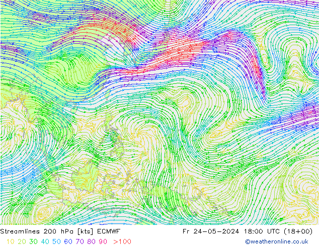 Ligne de courant 200 hPa ECMWF ven 24.05.2024 18 UTC