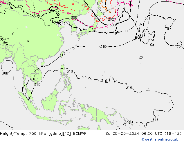 Height/Temp. 700 hPa ECMWF Sa 25.05.2024 06 UTC