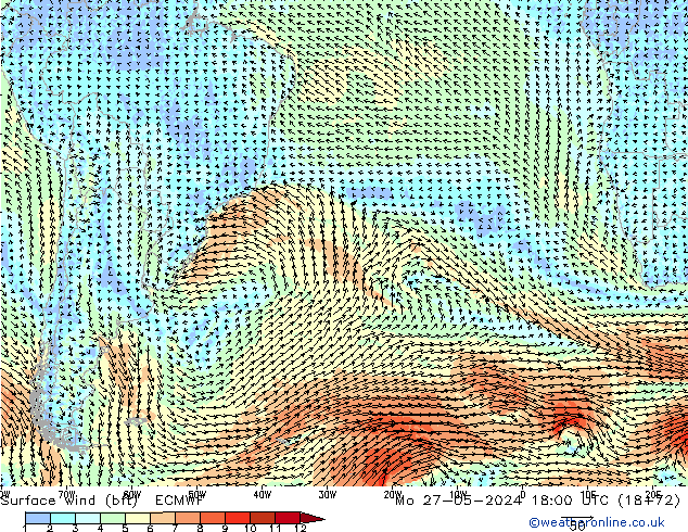 Vento 10 m (bft) ECMWF Seg 27.05.2024 18 UTC