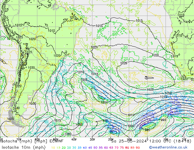 Isotachs (mph) ECMWF Sa 25.05.2024 12 UTC