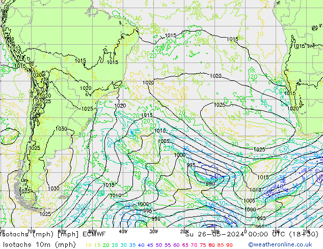 Isotachs (mph) ECMWF Dom 26.05.2024 00 UTC