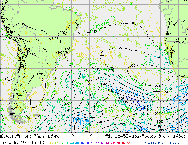 Isotachen (mph) ECMWF So 26.05.2024 06 UTC