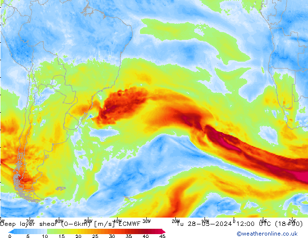 Deep layer shear (0-6km) ECMWF Tu 28.05.2024 12 UTC