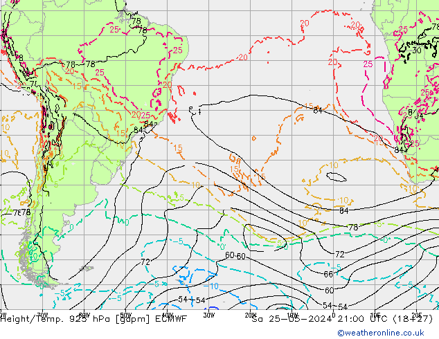 Height/Temp. 925 hPa ECMWF Sa 25.05.2024 21 UTC