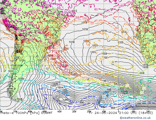 Theta-e 700hPa ECMWF Pá 24.05.2024 21 UTC